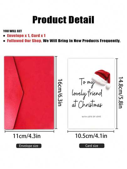 1pc Christmas Card With Envelope - "To My Lovely Friend At Christmas" Festive Santa Hat Greeting For Friends, Besties & Loved Ones, Holiday Gift, Blank Inside