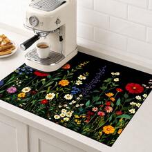 1pc Black Background Colorful Wildflower Print Diatomaceous Earth Kitchen Drain Mat, Absorbent Quick-Drying Non-Slip Coffee Machine Mat, Suitable For Kitchen Countertop, Dining Table And Coffee Corner Decoration - Multicolor - View 2