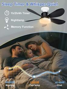 20.5" Socket Ceiling Fan With Remote, E27 Screw In Design, 3 Color Temperature & 3 Quiet Speed, 1/2/4H Timer & Night Light, Perfect For Bedroom Kids Room Living Room Home Indoor(Black Blades) - Black - View 4