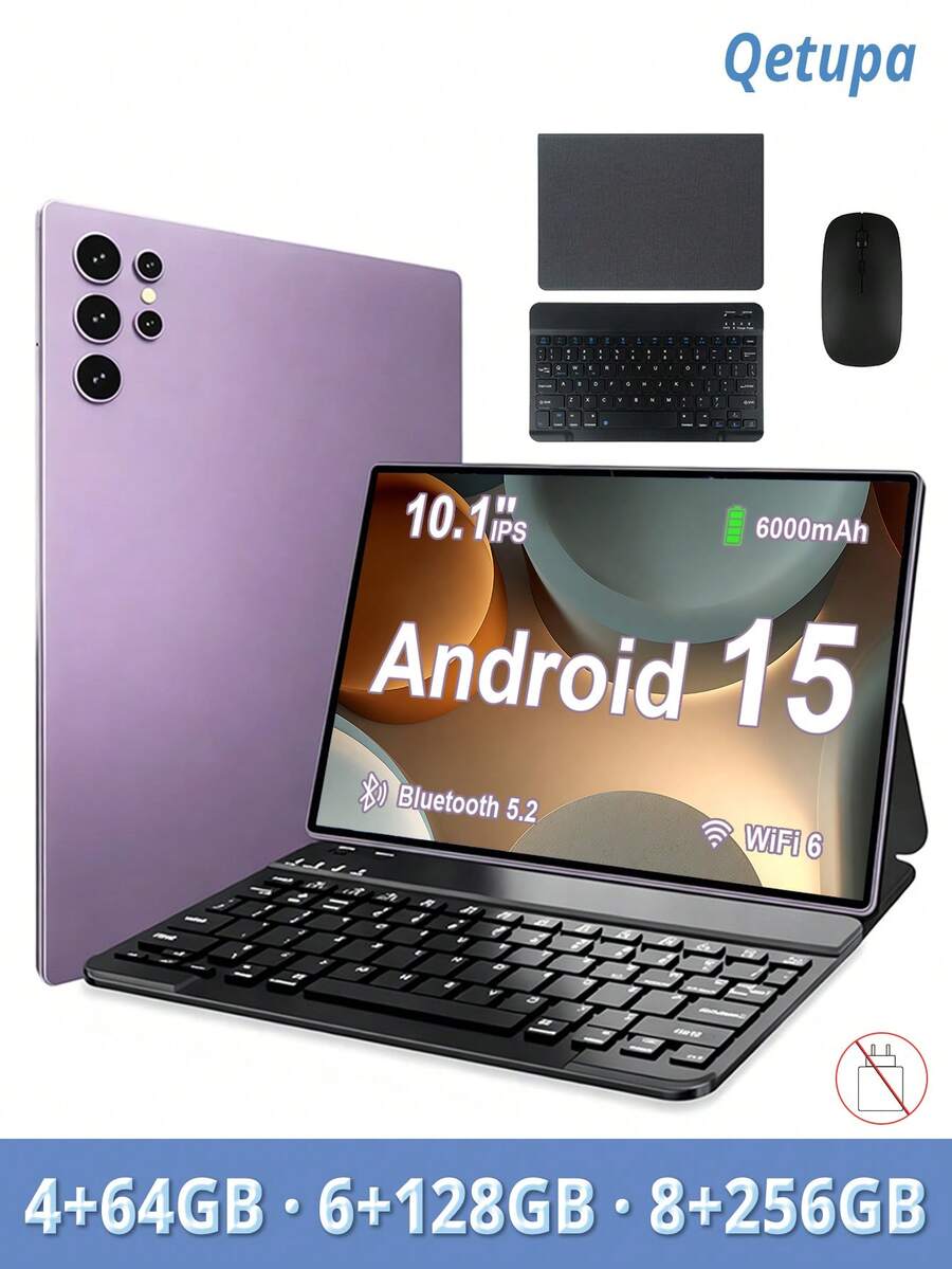 Qetupa Tablet Android 15 inci 10,1 inci, dilengkapi dengan casing pelindung, keyboard dan mouse, RAM 4GB + penyimpanan 64GB / RAM 6GB + penyimpanan 128GB / RAM 8GB + penyimpanan 256GB (mendukung ekspansi 1TB), kamera depan 5MP dan kamera belakang 13MP, baterai 6000mAh (charger tidak termasuk).