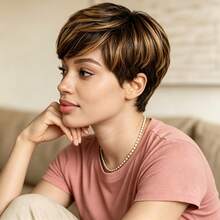 Premium Human Hair Short Pixie Cut Wig For Women, Layered Short Pixie With Bangs, No Lace No Glue Fully Machine Woven, Soft Rose Mesh Cap, Suitable For Daily Summer New Style Fashion 4/27 Highlighted Human Hair Wig - Multicolor - View 6