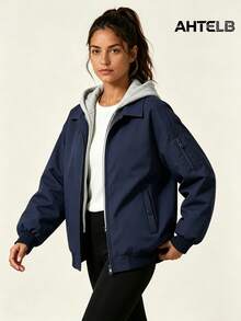 AHTELB Women's Spring/Autumn 2 In 1 Hooded Casual Jacket, Grey Sweatshirt Hood Design, Arm Zipper Cargo Pockets, Snap Button Side Pockets, Ribbed Elastic Cuffs And Hem, Fashionable Casual Versatile Sports Jacket, Suitable For Daily Commute, Outdoor Hiking, Running And Leisure Wear, Gift For Wife, Girlfriend, Friend And Mother, Ladies Jackets, Gym Jacket, Zip Up Gym Jacket - Royal Blue - View 1