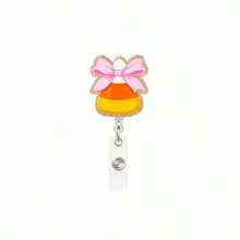1pc/3pcs Halloween Candy Corn Leopard Print Bow Glitter Acrylic Retractable Badge Reel With Crocodile Clip - Multicolor - View 4