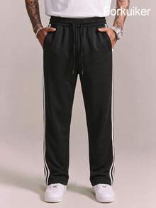 Men's Black Side Stripe Track Pants, Drawstring Waist, Soft Fabric, Relaxed Fit, Retro Sporty Look For Daily Wear, Outings & Casual Athletic Use - Black - View 2