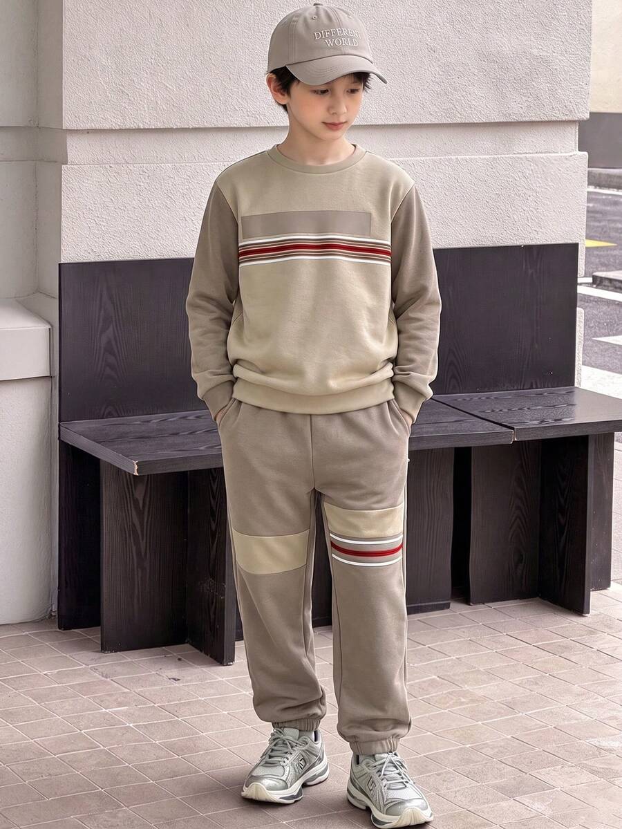 Boys' Spring/Autumn Knit 2 Pieces Set, Light & Dark Khaki Colorblock Tricolor Webbing Crew Neck Sweatshirt, Loose Patchwork Cuffed Jogger Sweatpants - Coffee Brown - View 1