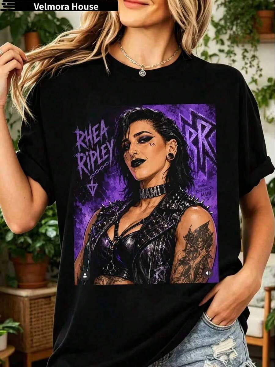 Rhea Ripley Purple Art Portrait T-Shirt, 100%, Gothic Vintage Tee - 黑色 - 查看 1