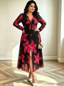 Chic Plus Size Women's Long Sleeve Fall Floral Print Dress With Deep V Neck And Slit For An Elegant Look - Black and Red - View 2