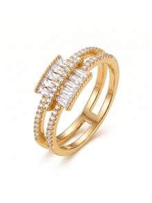 Gift Box Style Luxurious Sparkling Fully Pave Cubic Zirconia Ring, Shining Geometric Jewelry, Suitable For Women's Wedding Party And Holiday Gift - Gold - View 6