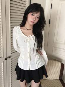 Korean Style Sweet Chic Women's Spring/Autumn French Fitted Tie-Front Single-Breasted Versatile Slimming Design Long Sleeve Cardigan Shirt White - White - View 2
