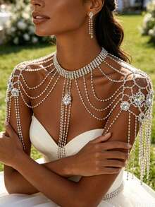 Accesorio de cadena de hombro con pedrería para moda nupcial de boda, adorno de hombro con borlas para pasarela de mujer - Plateado - Ver 1