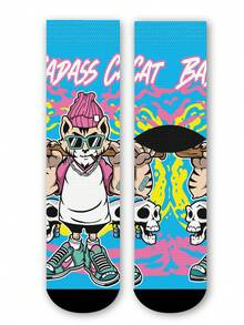 Calcetines estampados 360° para hombre - Calcetines de estilo callejero, gato, ritmo, DJ callejero, coloridos, divertidos, adecuados para uso diario, vacaciones & ocasiones de fiesta - Azul - Ver 5