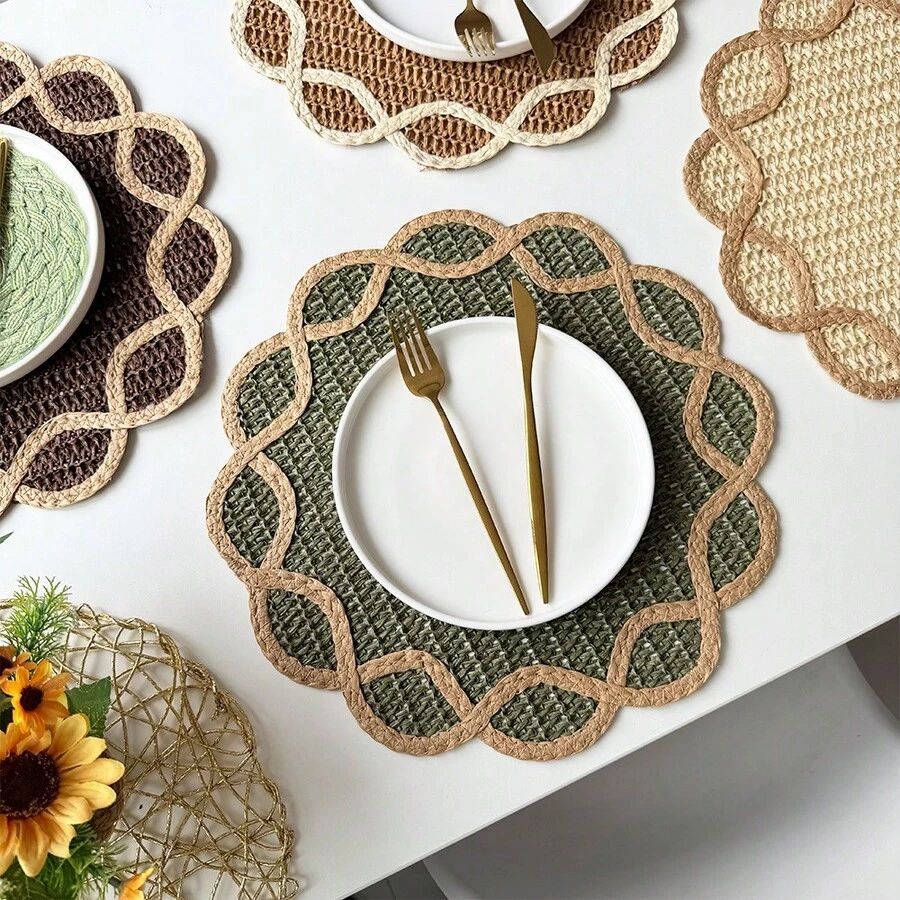 1/2/4/6 Pieces Of Retro Lace Edged Oval Paper Woven Placemats, Anti Slip Breathable Table Mats, Rural Style Home Dining Table Decoration Accessories, Suitable For Kitchen, Home And Party Decoration, With Multiple Colors To Choose From - Multicolor - View 1