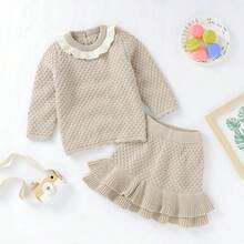 Baby Girls Sweater Set Korean Style Soft Gentle Knit 2-Piece Outfit Contrast Color Ruffle Collar Long Sleeve Top Double Layer Ruffle Skirt Daily Outing Wear - Camel - View 4