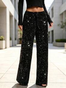 Women's Sequined Wide Leg Pants, Drawstring Elastic Waistband Shiny Loose Straight Leg Pants, Party, Concert, Carnival Outdoor Outfits - Black - View 3