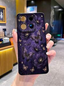 1pc Purple Butterfly Camera Anti-Drop Phone Case UV Printed Compatible With Samsung/Galaxy/ Android Models - Black - View 5