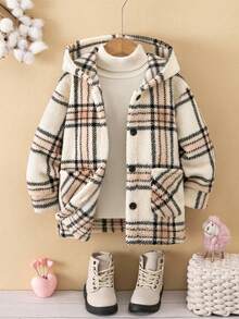 Girls' Autumn/Winter Fashion Soft Comfortable Plaid Print Fleece Hooded Unlined Jacket With Pockets, Preppy Style - Baby Pink - View 2
