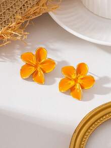 1 Pair Elegant Summer Fresh Vacation Beach Style Soft Handmade Drip Oil Orange Enamel 3D Flower Shaped Women's Plumeria Stud Earrings - Orange - View 2