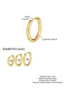 1 Set Classic Minimalist Style Stainless Steel Hoop Earrings With Basic Coil Design For Women, Suitable For Daily Wear/Office Commute - Yellow Gold - View 12