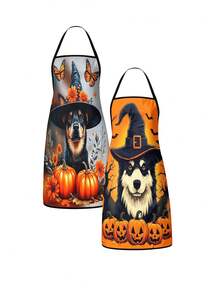 2Pcs Halloween Dog Witch Hat Apron Set, Cute Pumpkin Fall Canine Kitchen Apron, Spooky Autumn Pet Jack O Lantern Bat Cooking Apron, Halloween Chef Apron For Baking Grilling - Multicolor - View 1
