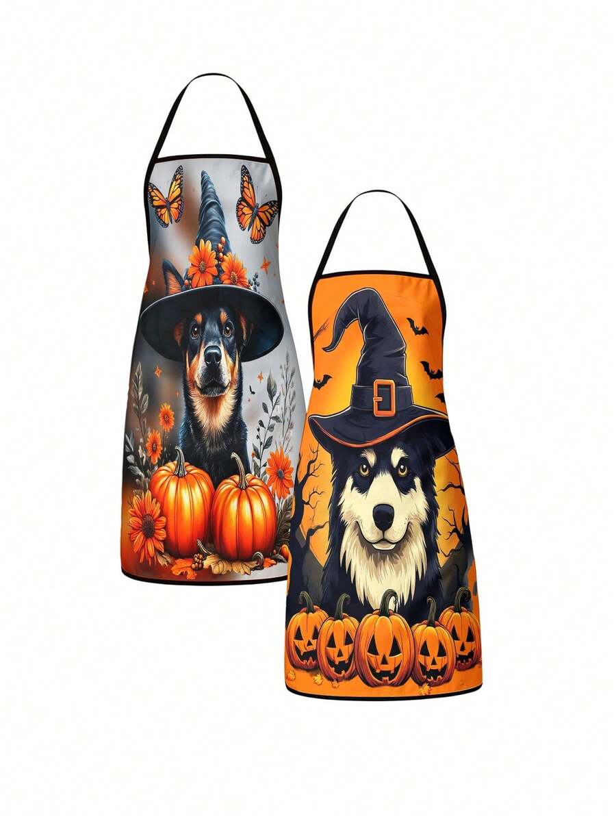 2Pcs Halloween Dog Witch Hat Apron Set, Cute Pumpkin Fall Canine Kitchen Apron, Spooky Autumn Pet Jack O Lantern Bat Cooking Apron, Halloween Chef Apron For Baking Grilling - Multicolor - View 1