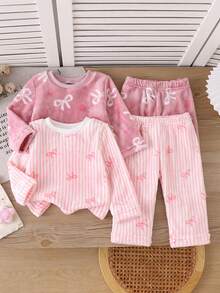 4pcs/Set Autumn/Winter Girls Bow Flannel Outwear 2 Pieces Set, Pink Striped & Bean Paste Two-Color All-Over Print Cute Bow Baby Round Neck Long Sleeve Long Pants Outfit - Pink - View 9