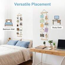 Natural Wood Photo Hanging Rope With Wooden Clips, Multi-Photo Display Rack, No Drilling Required, Space-Saving For Dorm, Bedroom, Desk, And Wall Decoration - A - View 7
