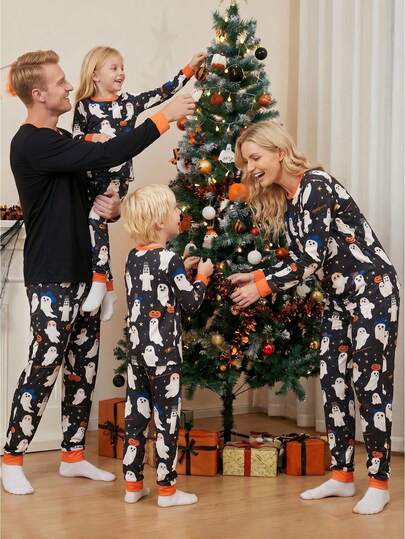 Halloween Family Pajamas Matching Set Long Sleeve O Neck Tops Ghost Print Pants Sleepwear