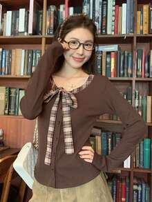 Women's Brown Ribbed Knit Top, Plaid Lace-Up Front, Long Sleeve Button Shirt, Autumn Essential - Rust Brown - View 6