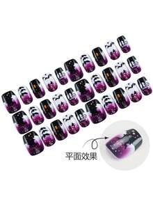 30pieces Press On Nails Short Square Fake Nails, Purple White Gradient False Nails With Bat, Haunted Castle & Dead Tree Print, Reusable Kit With Jelly Glue Stickers & Nail File, Halloween Design, Suitable For Daily, Holiday, Party And Ball Use - Multicolor - View 2