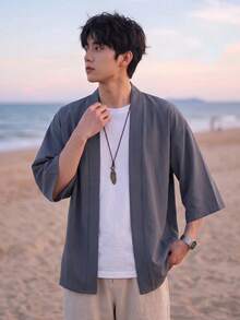 男士和服風寬鬆休閒開襟和服襯衫，100%聚酯纖維，輕盈透氣飄逸面料，純色百搭單層，休閒美學風格 - 灰色 - 查看 6