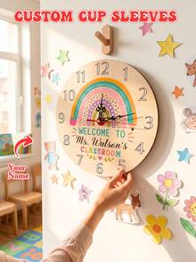 Personalized Custom Name Wooden Wall Hanging Clock, Silent Non‑Ticking Round Timepiece, Thoughtful Customized Teacher Appreciation Present, Boho Rainbow Home Interior Wall Decoration Accessory - Multicolor - View 1
