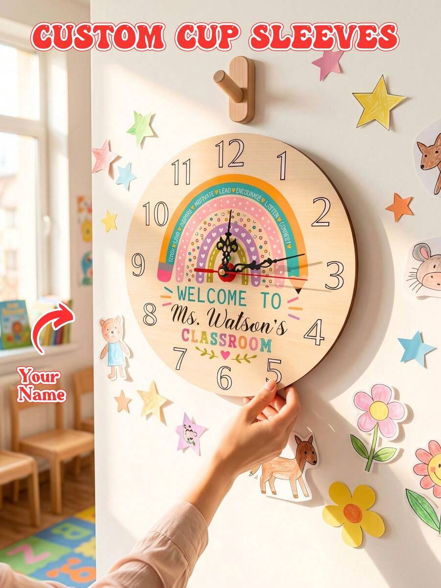 Personalized Custom Name Wooden Wall Hanging Clock, Silent Non‑Ticking Round Timepiece, Thoughtful Customized Teacher Appreciation Present, Boho Rainbow Home Interior Wall Decoration Accessory - Multicolor - View 1