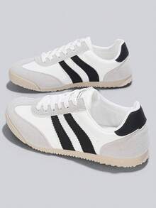 Flipark 1 Pair Women's Light Colorblock Striped German Trainer Shoes, Flat Lace-Up Retro Commuter Casual Sneakers, Collegiate Style - White - View 1