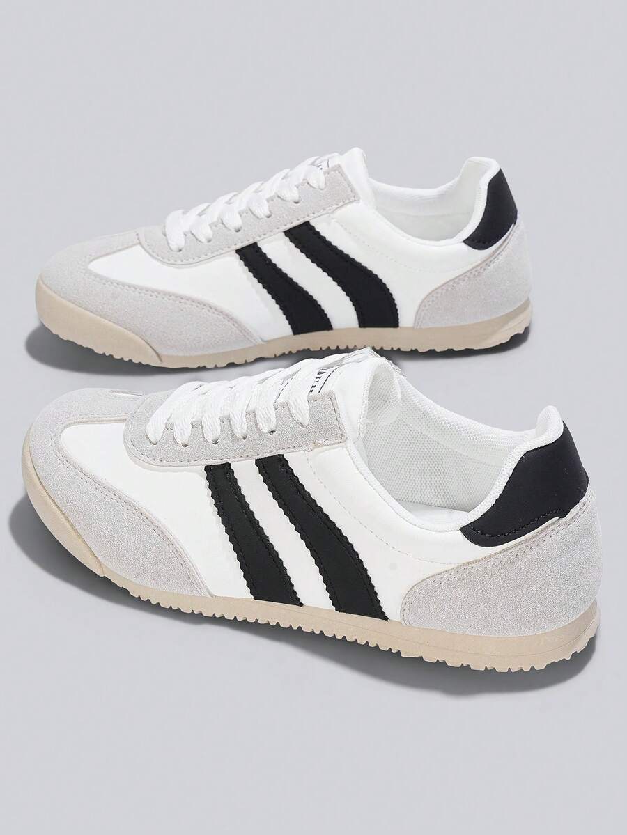 Flipark 1 Pair Women's Light Colorblock Striped German Trainer Shoes, Flat Lace-Up Retro Commuter Casual Sneakers, Collegiate Style - White - View 1