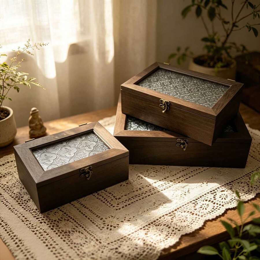 صندوق مجوهرات خشبي مرسوم يدويًا بطراز ريفي، 1 قطعة، صندوق تخزين ديكور منزلي DIY مع غطاء زجاجي، صندوق تخزين خشبي مستطيل بطراز عتيق مع غطاء علوي من الزجاج المقسى المقاوم للماء، إغلاق بمشبك معدني، صندوق عرض متعدد الاستخدامات للمقتنيات الصغيرة والسكاكين القابلة للطي الصغيرة - متعدد الألوان - مشاهدة 1