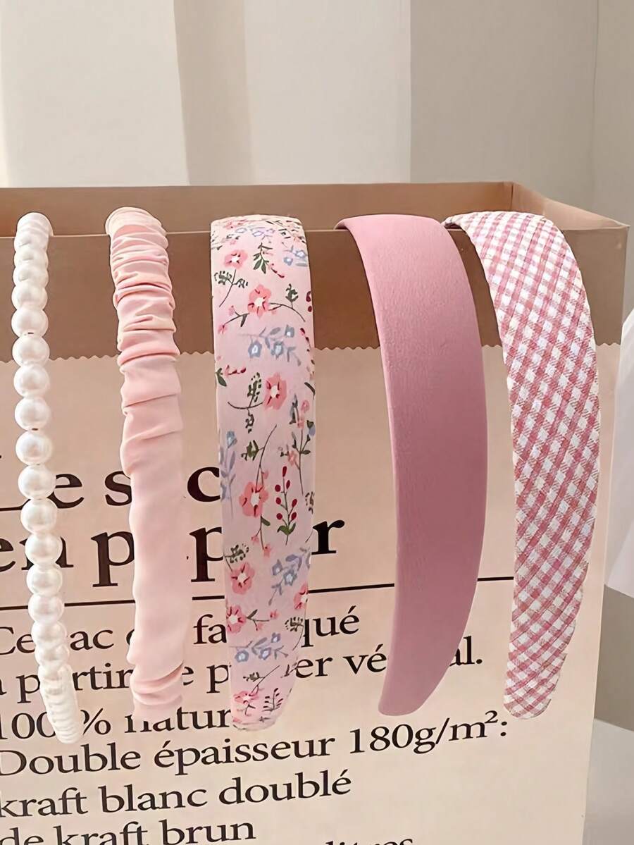 5pcs Pink Series Headbands, Faux Pearl Pleated Solid Color Floral Plaid Fabric Hair Hoops, Sweet Multi-Style Non-Slip Hair Accessories, Suitable For Women And Girls Daily Makeup Use - Multicolor - View 1