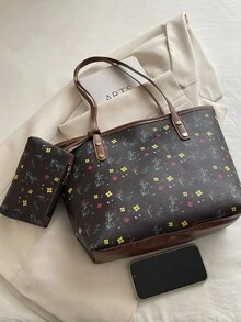 新款夏季印花大容量通勤優雅托特包 女款時尚百搭單肩包 - 咖啡 - 查看 9