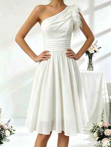 Vestido de fiesta para novia, regalo de boda para mujer, vestido de noche de fiesta con diseño de hombros de gasa, vestido de cóctel de plumas, vestido formal escolar blanco de otoño - Blanco - Ver 4