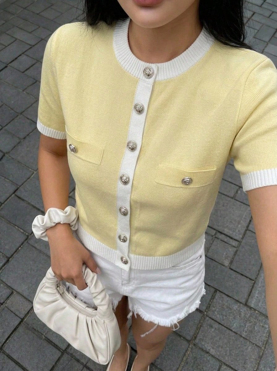 Buzzelle 女款黃色Y2K風格撞色短袖針織開襟衫，金色鈕扣，寬鬆優雅上衣，夏季休閒