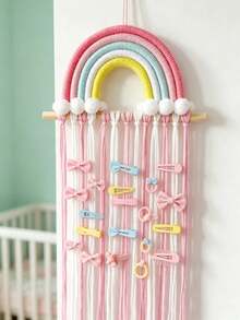 Woven Rainbow Hair Clip Wall Storage Decor, Tassel Hair Accessory Storage Rack, Girls Nursery Wall Hanging Bow Storage Rack - Multicolor - View 1