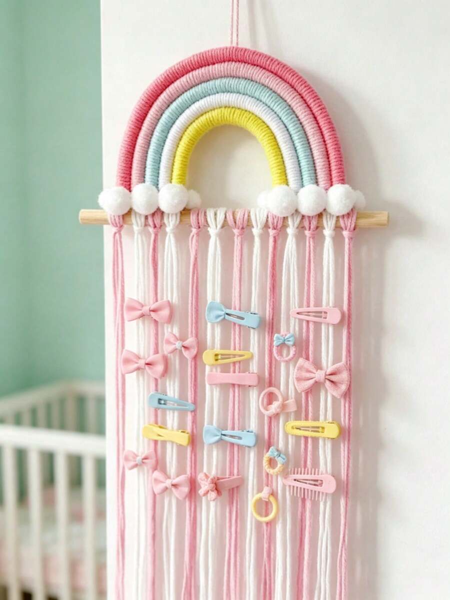 Woven Rainbow Hair Clip Wall Storage Decor, Tassel Hair Accessory Storage Rack, Girls Nursery Wall Hanging Bow Storage Rack - Multicolor - View 1