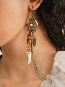 Nocturel Retro Bohemian Long Feather Pendant Earrings, Handmade Boho Style Earrings For Women - Brown - View 2