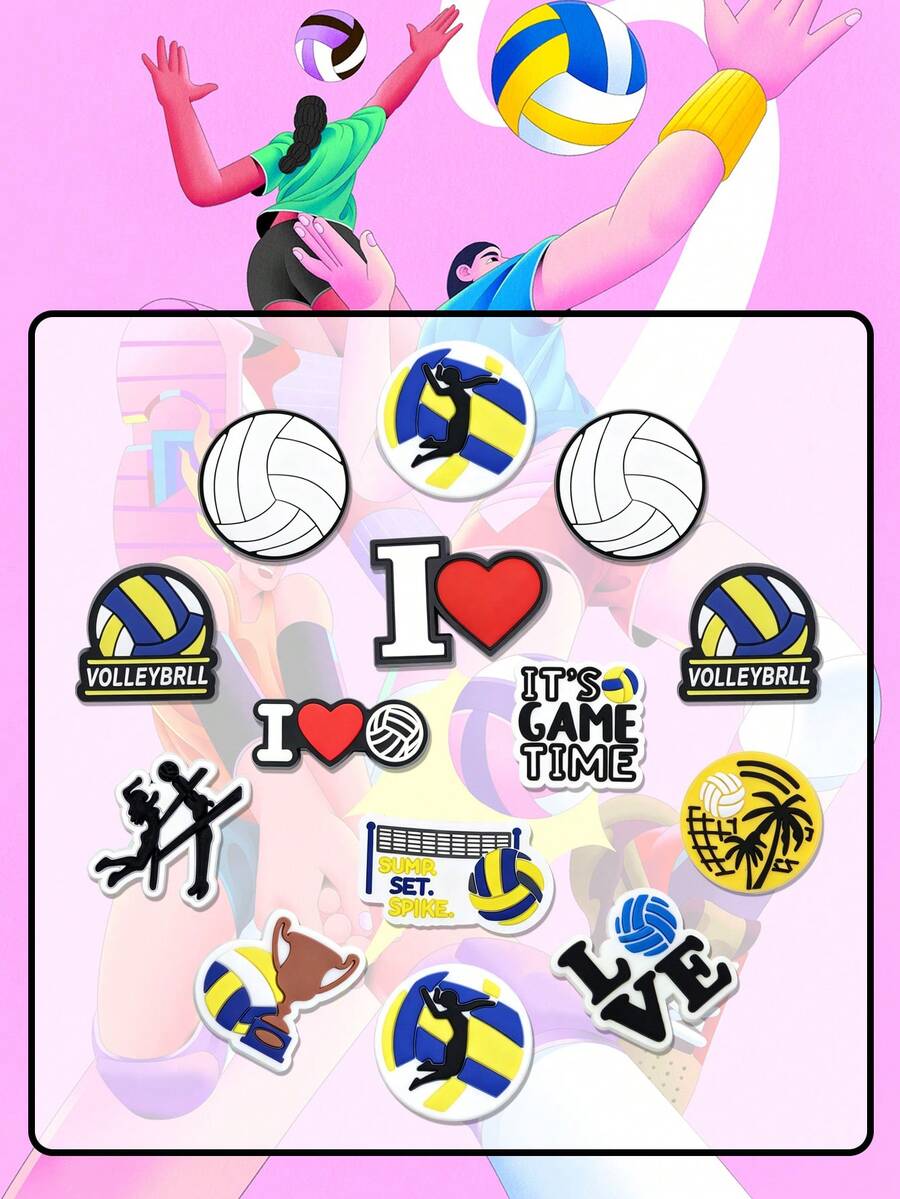 14PCS Baseball Sports Honor Theme Shoe Charms, PVC Detachable DIY Multi-Functional Accessories, Volleyball Trophy Fun Pattern, Shiny Style Suitable For Women's Shoes, Small Bags, Slippers, Clogs, All Season Use, Perfect Gift For Friends And Family