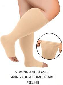 1 Pair Plus Size Open Toe Copper Fiber Compression Socks, Unisex Knee High Support Socks Suitable For Travel/Sports, Christmas Gift - Apricot - View 5
