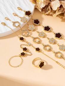 4pcs Luxurious Elegant Exquisite Sparkling Brown Sweet Clover Women's Finger Bracelet/1pc Ring Jewelry Set - Brown - View 5