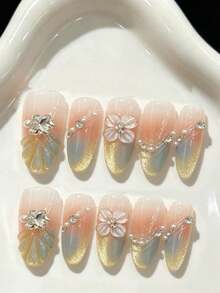 10片短橢圓手工穿戴甲，金色雙色貓眼漸層3D花卉設計，適合女孩與女性，適用假日派對與日常穿戴，夏季新款 - 金色 - 查看 9