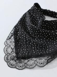 1件原創花卉圖案女款刺繡捲邊蕾絲飾邊波點頭巾髮帶，適合日常與度假使用 - 黑色 - 查看 3
