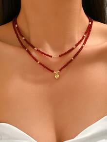 2pcs Minimalist Elegant Luxury Versatile Burgundy Acrylic Multi-Faceted Beads CCB Round Beads Heart Pendant Multi-Element Multi-Layer Necklace Suitable For Women Daily Casual Outing Banquet Music Festival Events Wear Holiday Gift - Burgundy - View 4