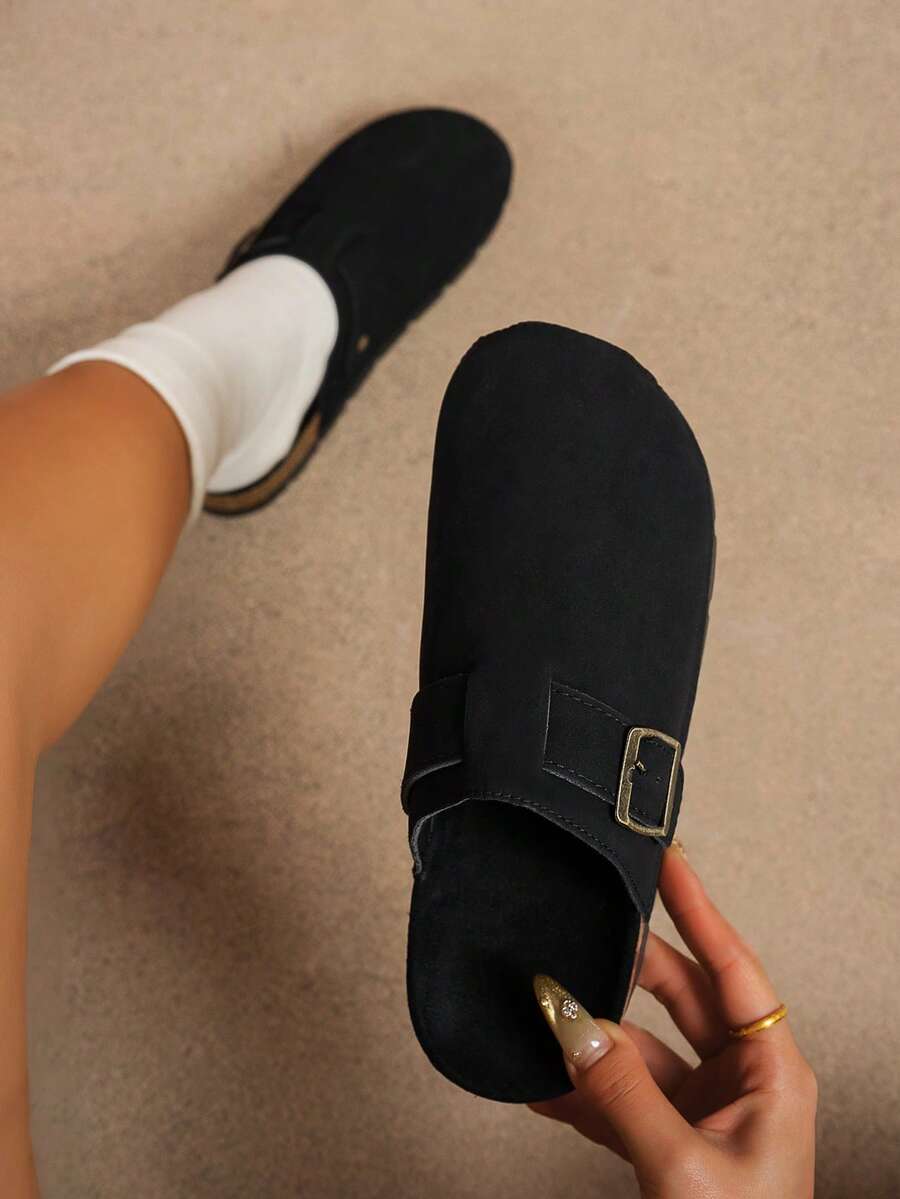 Women's Casual Flat Closed-Toe Comfortable Shoes With Adjustable Buckle, Slip-On Slippers For Outdoor And Indoor Wear, Autumn/Winter