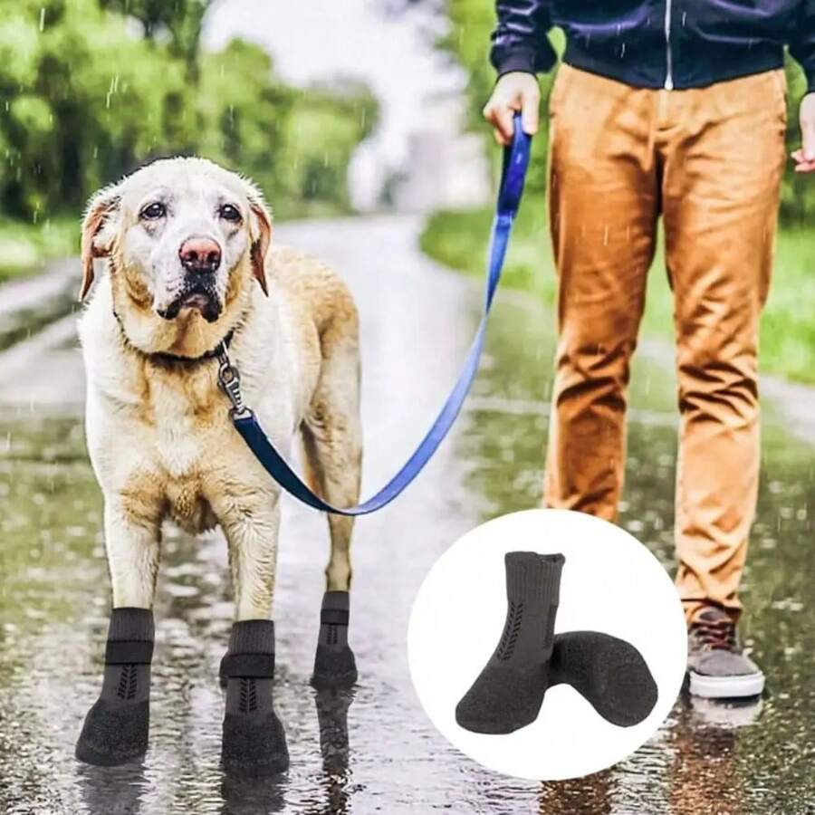 4pcs Casual Waterproof Pet Socks Shoes Anti-Dirty Non-Slip Dog Shoes Breathable Dog Paw Protector - Black - View 1